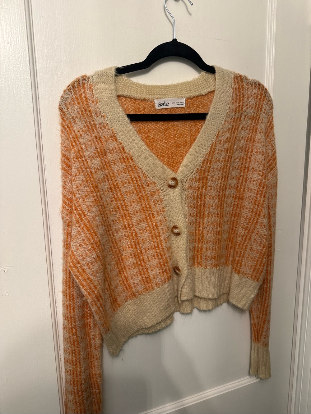 Elodie Relaxed V-Neck Cardigan Sweater - Cream & Orange